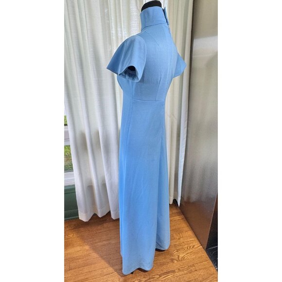 Vintage 60s dress, sky blue, Mod minimalist gown, high neck, flutter sleeves - Picture 5 of 10